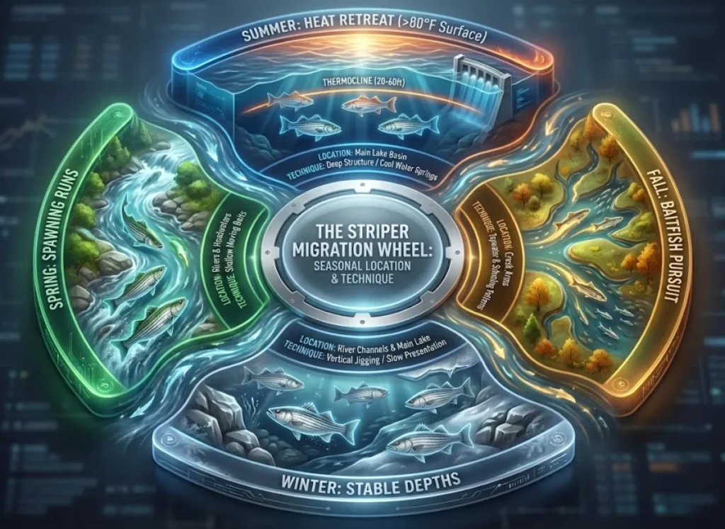 A circular infographic titled "The Striper Migration Wheel," illustrating the seasonal movements of striped bass. Four quadrants depict Spring (Spawning Runs in Rivers), Summer (Heat Retreat to Deep Main Lake Thermoclines), Fall (Baitfish Pursuit in Creek Arms), and Winter (Stable Depths in River Channels), with corresponding techniques highlighted for each season.