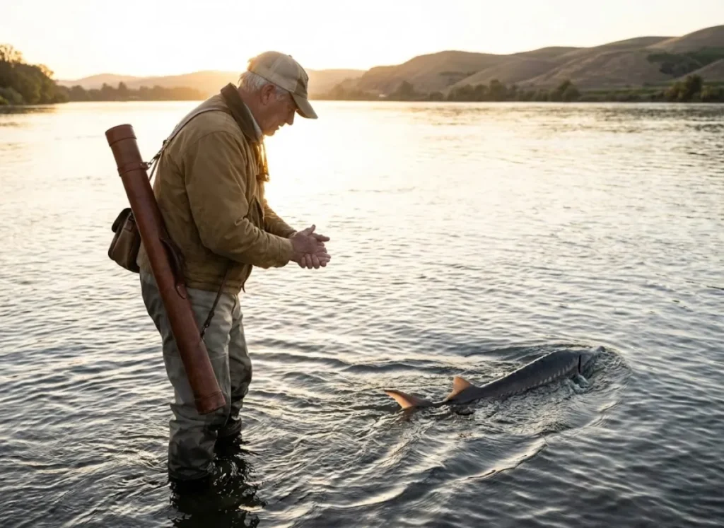 Fishing guide and angler releasing sturgeon using proper two-person horizontal support