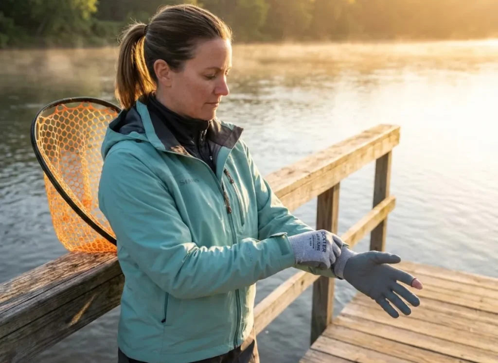 Angler preparing cut-resistant gloves and rubber mesh net for sturgeon fishing