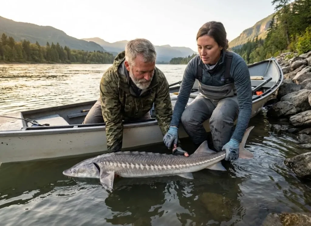 Angler preparing cut-resistant gloves and rubber mesh net for sturgeon fishing