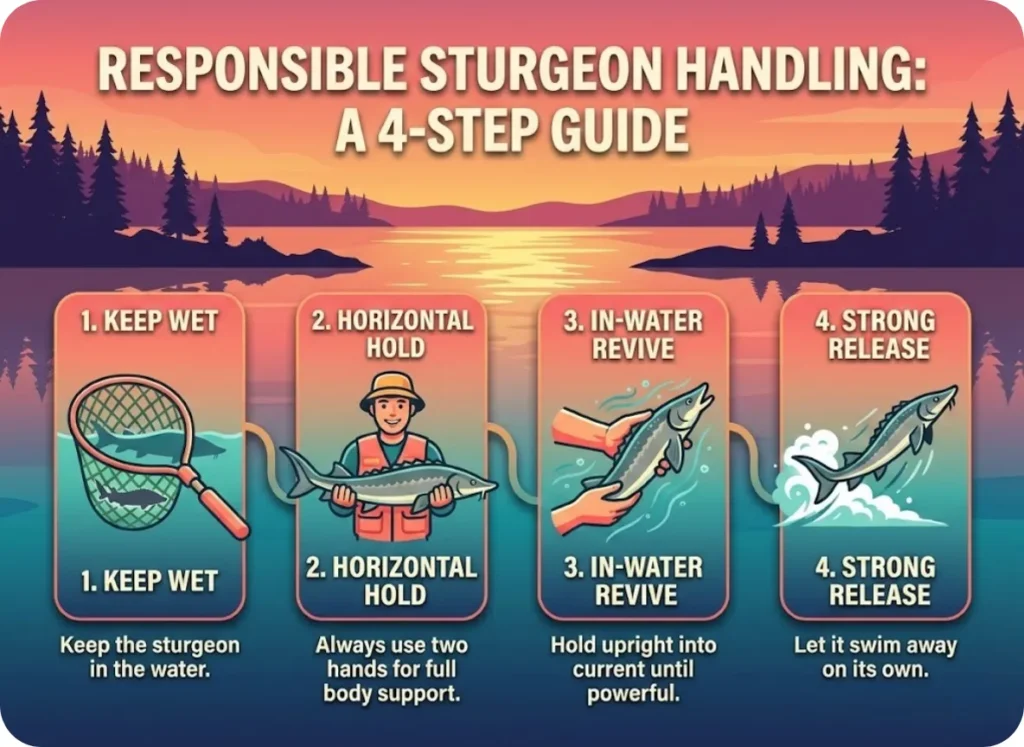 A 4-panel step-by-step infographic illustrating safe sturgeon handling techniques: keeping fish in a rubber net, using two-hand horizontal support, reviving in-water, and ensuring a strong release, set against a sunset lake background.