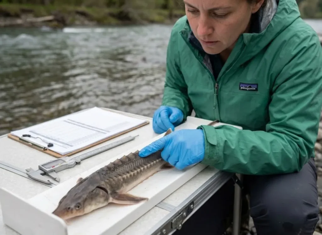 Fisheries biologist examining juvenile sturgeon scutes at field research station