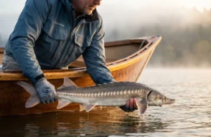 Sturgeon Scutes: Why You Must Know Them Before Handling One Angler safely handling White Sturgeon at waterline showing bony scute armor plates