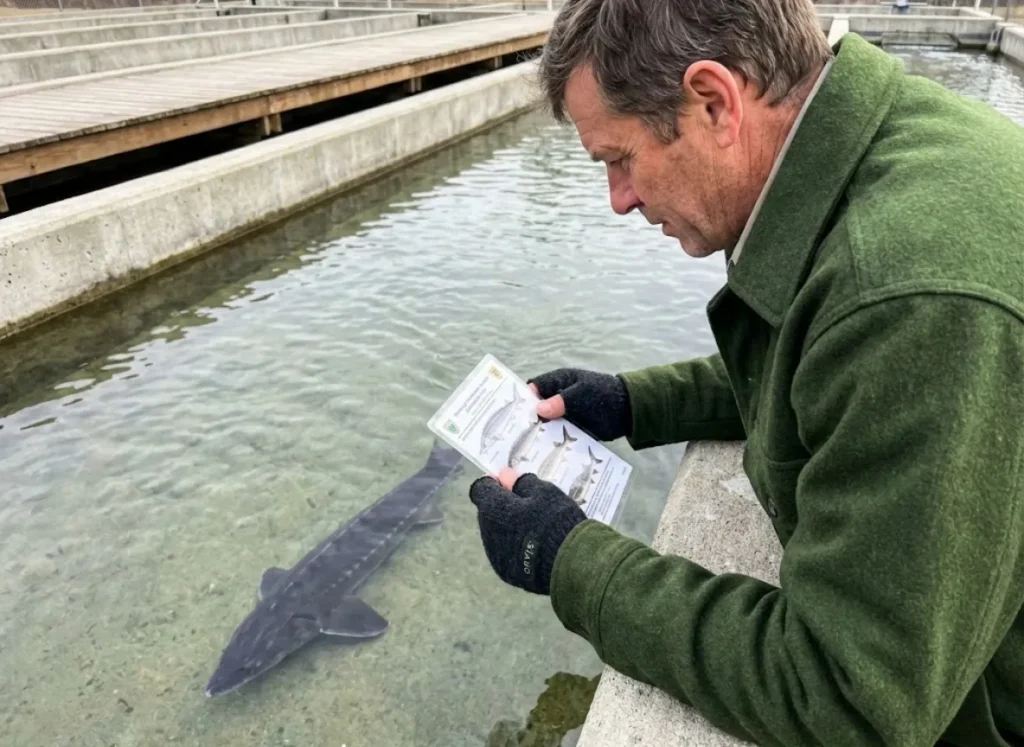 Ranger identifying sturgeon species by counting scute rows at monitoring station