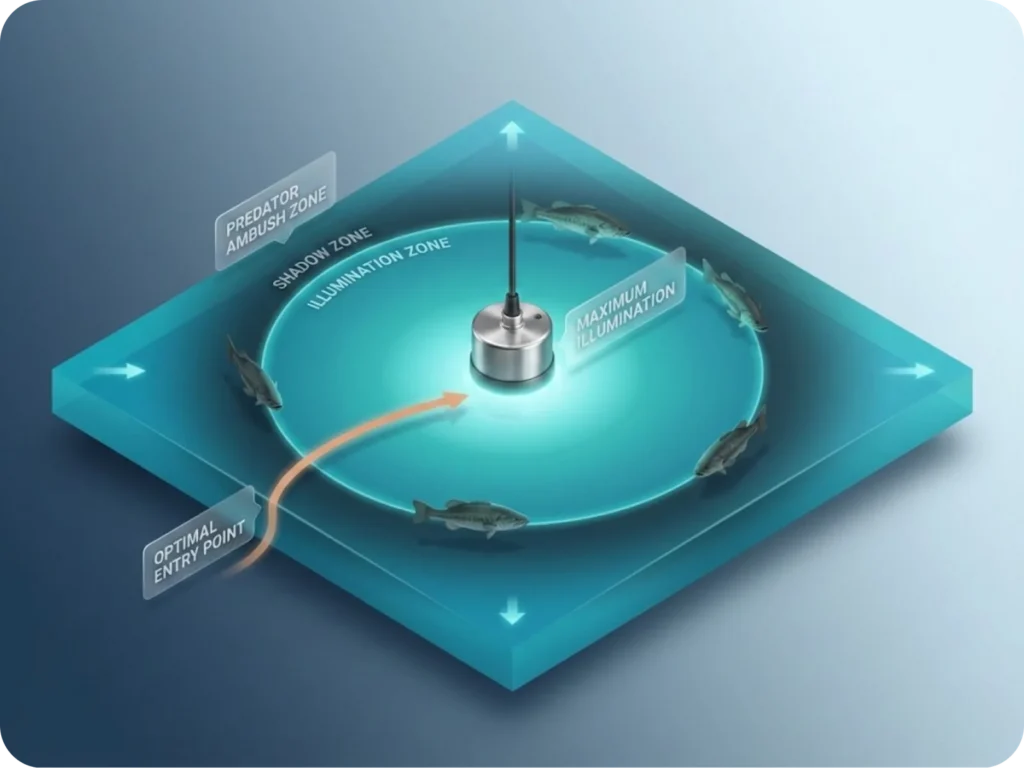 Educational infographic diagram showing the illumination zone of a submersible fishing light, predator positioning at the shadow perimeter, and the optimal cast trajectory.