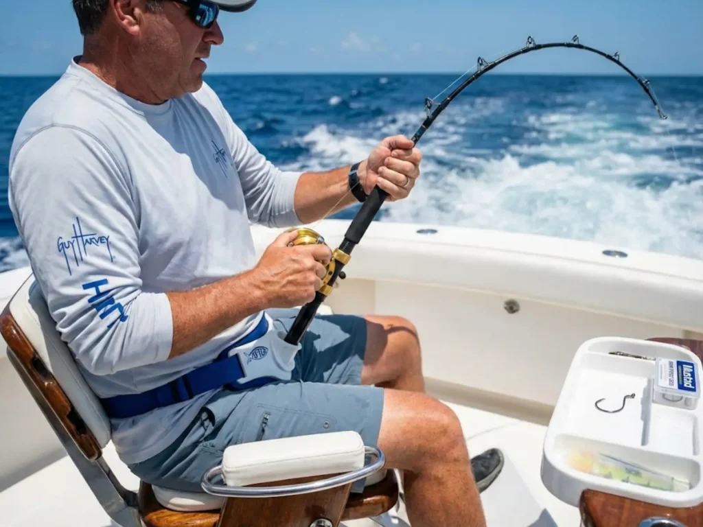 Offshore angler hooking fish using proper anal-vent live bait rigging technique with circle hooks