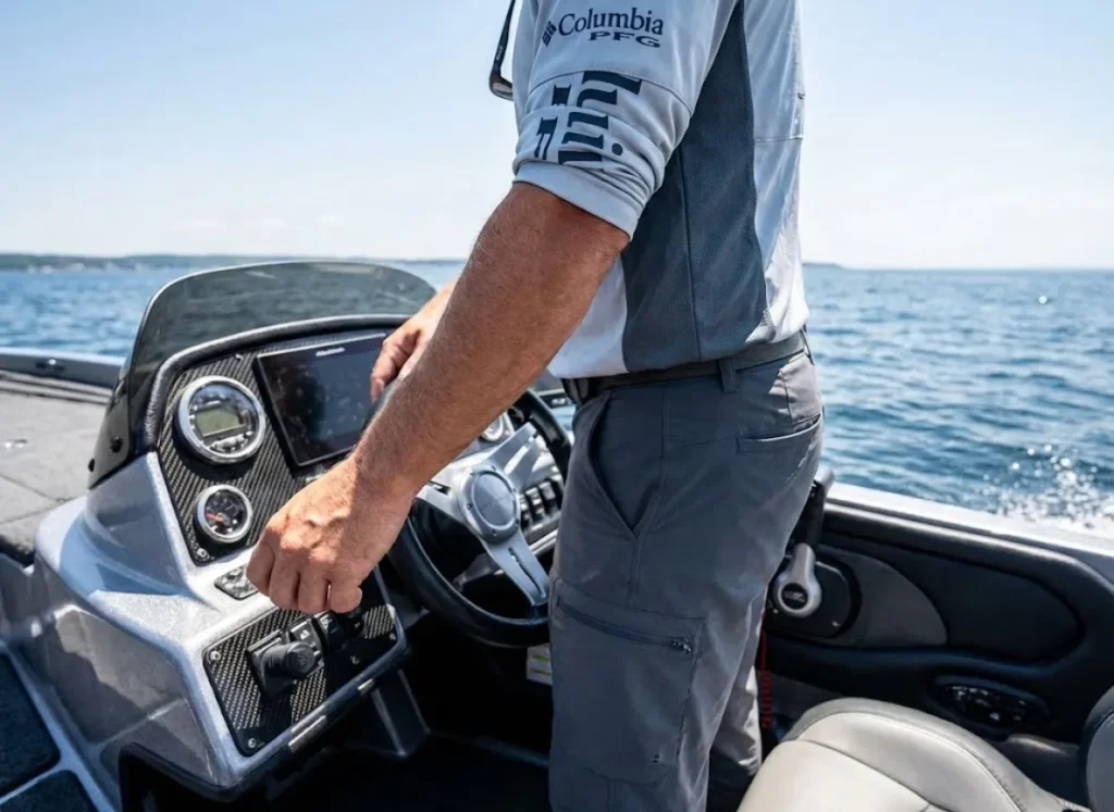 Angler steering a boat away from the shoreline into deep water, illustrating the summer migration of trophy fish.