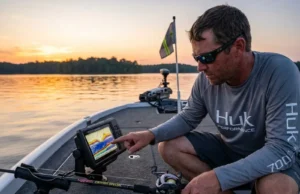 After 127 Hours Fishing Summer Nights: Here’s What Works Angler using Garmin fish finder to locate thermocline at sunset for summer night catfish fishing on reservoir