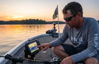 After 127 Hours Fishing Summer Nights: Here’s What Works Angler using Garmin fish finder to locate thermocline at sunset for summer night catfish fishing on reservoir