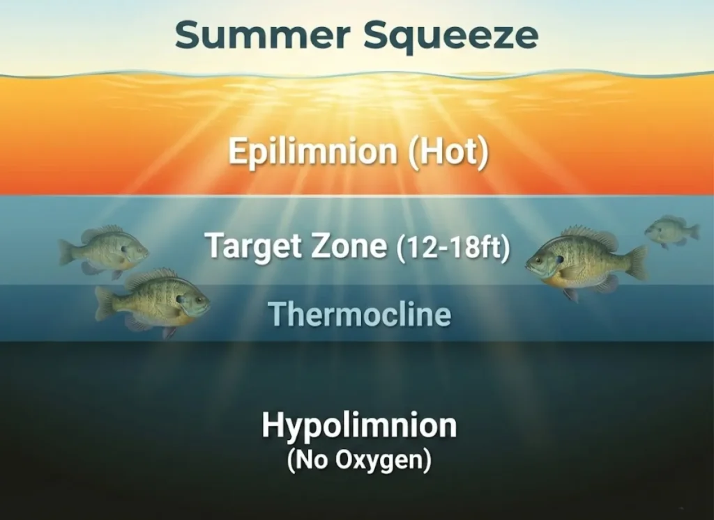 A cross-section diagram of a lake showing three water layers: the hot surface Epilimnion, the oxygen-depleted bottom Hypolimnion, and the middle Thermocline target zone where Bluegill fish are located.