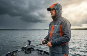 Survive Unexpected Thunderstorms While on the Water A professional angler in premium Simms rain gear standing on a boat bow, scanning a dark approaching thunderstorm with intense focus, cinematic lighting.