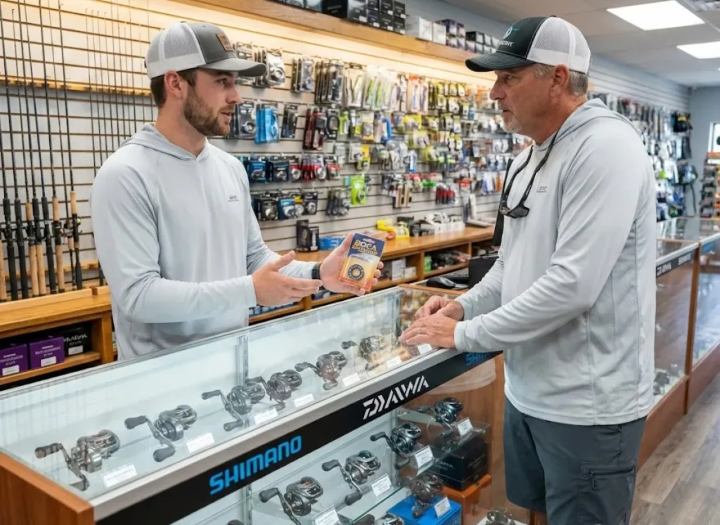 Anglers discussing ceramic bearing upgrade decision at tackle shop with reel display