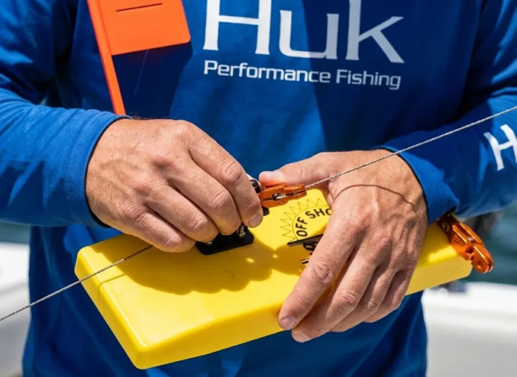Close-up action shot of hands attaching an Off Shore Tackle planer board to fishing line.