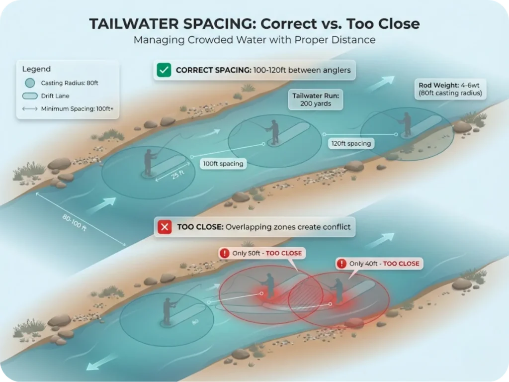 Aerial view of tailwater river run showing three anglers with correct spacing (80-120ft apart) versus too-close positioning, with casting radius circles and drift lanes marked.