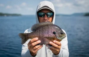 Target Big Bluegill in Deep Water A professional angler in Simms gear holding a trophy bluegill over deep open water, captured in high-resolution detail.