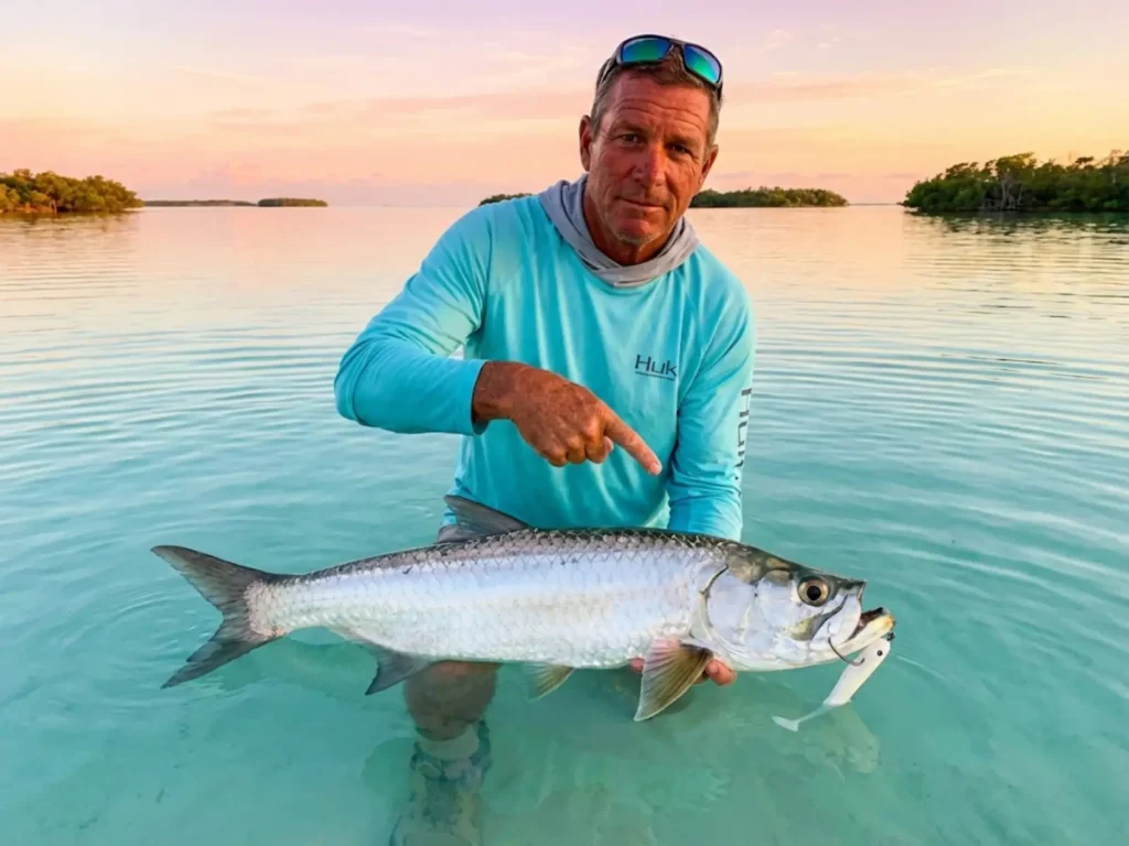 Saltwater fishing guide holding tarpon with inline single hook in jaw for conservation release in Florida Keys