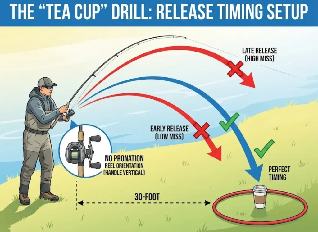 A diagram illustrating the setup for the "Tea Cup" fishing drill, showing an angler on a grassy bank casting towards a target coffee cup and hula hoop 30 feet away. Arced arrows indicate casting trajectories, with labels for "LATE RELEASE (HIGH MISS)" and "EARLY RELEASE (LOW MISS)" and a correct path into the target. An inset graphic labeled "NO PRONATION" shows a vertical reel handle.