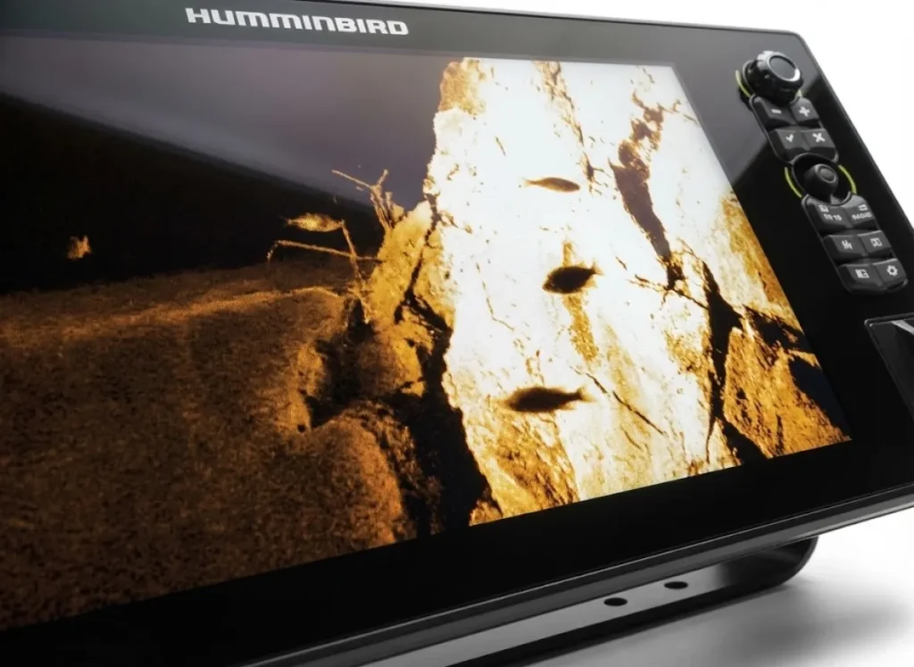 Close-up of a Humminbird Side Imaging screen displaying a hard bottom transition and acoustic shadows.