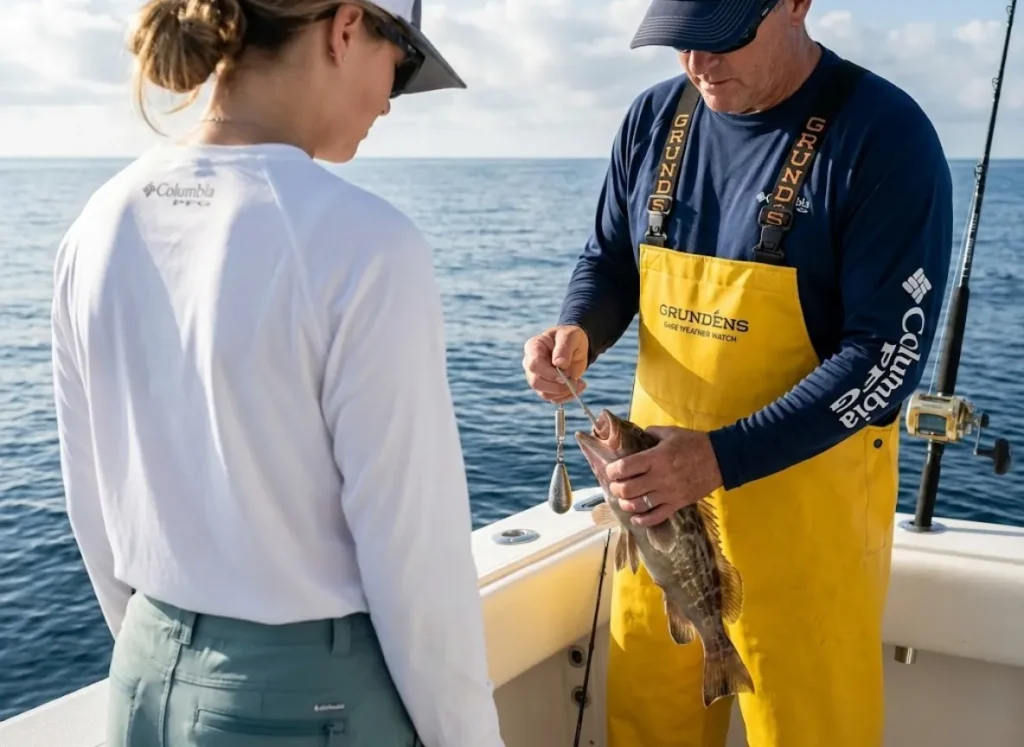 Experienced angler demonstrating fish descending device technique to fellow angler