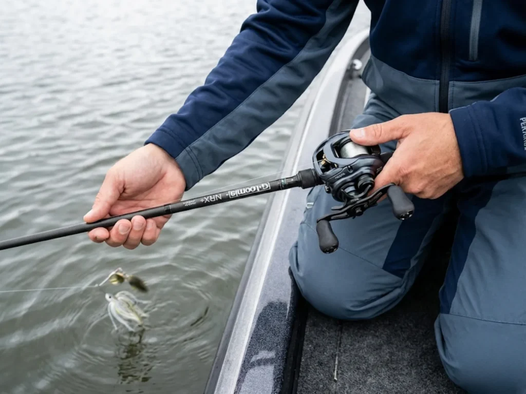 Angler testing spinnerbait vibration next to boat with G. Loomis rod