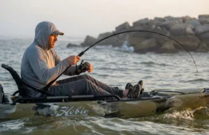 15 Texas Coast Kayak Fishing Spots That Deliver Bull Reds Kayak angler fighting bull redfish on Texas coast pass at sunrise with bent rod