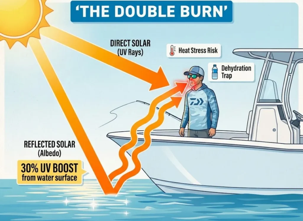 Infographic illustrating 'The Double Burn' effect on an angler in a boat, showing 'Direct Solar (UV Rays)' from the sun and 'Reflected Solar (Albedo)' bouncing off the water, with a highlight on the '30% UV boost from water surface'.
