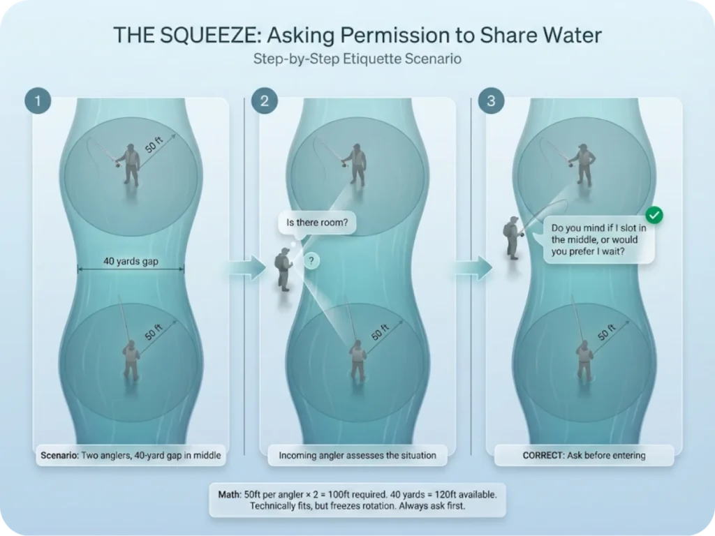 Three-frame visual sequence showing "The Squeeze" scenario: two anglers at head and tail of run with 40-yard gap, incoming angler approaching, and polite communication asking permission to slot in middle.