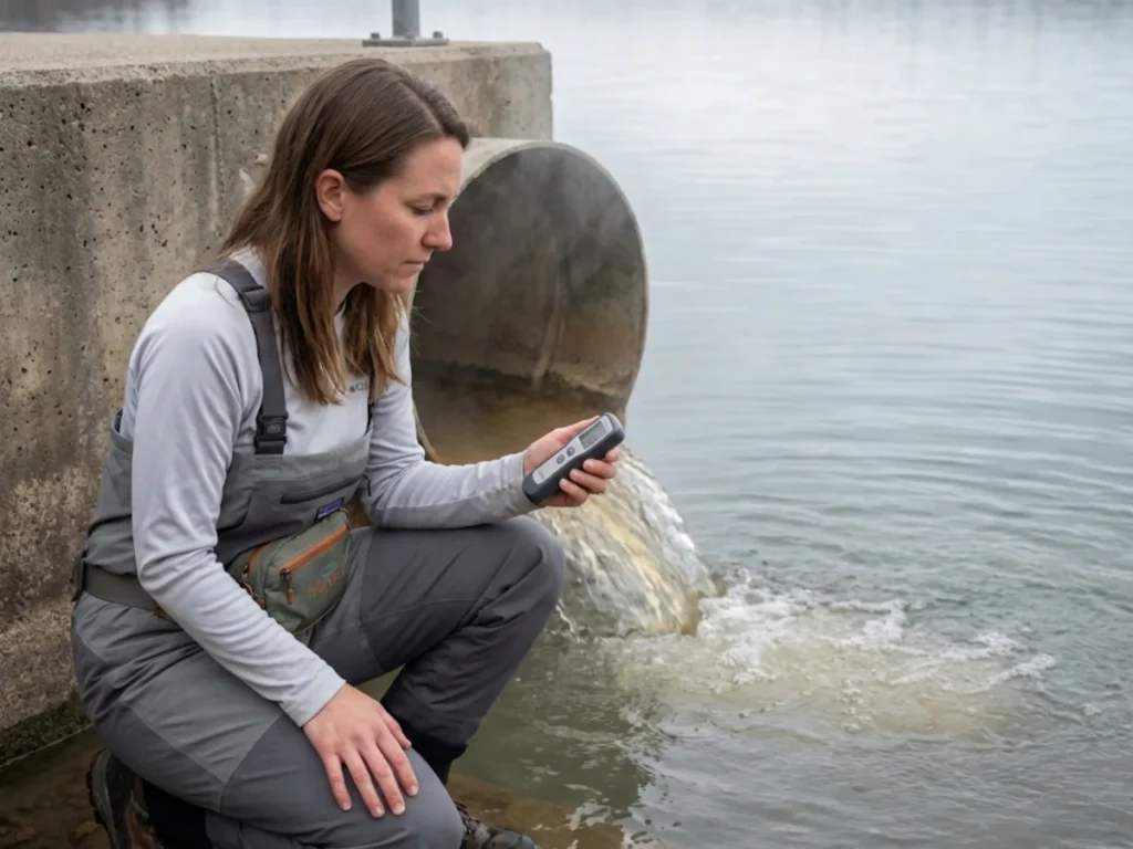 Fisheries biologist measuring water temperature at power plant warm water discharge