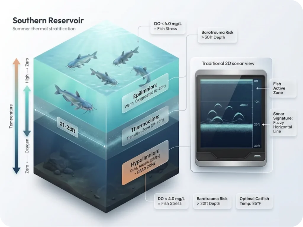 Cross-section diagram showing summer thermal stratification with epilimnion, thermocline, and hypolimnion zones, fish positioning above dead zone, and sonar screen showing fuzzy thermocline line.