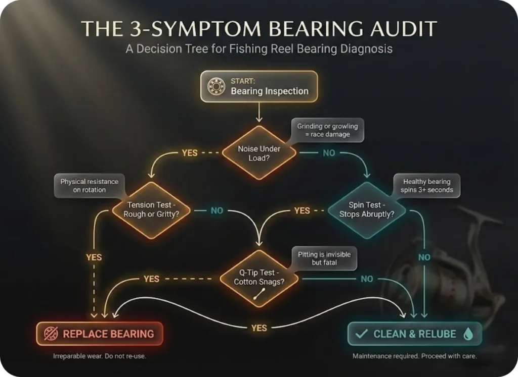 Decision tree flowchart titled "The 3-Symptom Bearing Audit" showing a diagnostic process for fishing reel bearings with three sequential tests—Noise Under Load, Tension Test, Spin Test, and Q-Tip Test—leading to Replace or Clean decision endpoints.