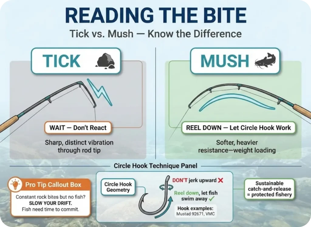 Side-by-side infographic comparing rock contact (sharp tick with abrupt rod deflection) versus fish bite (mushy resistance with gentle rod curve), showing proper response techniques for catfish anglers using circle hooks.