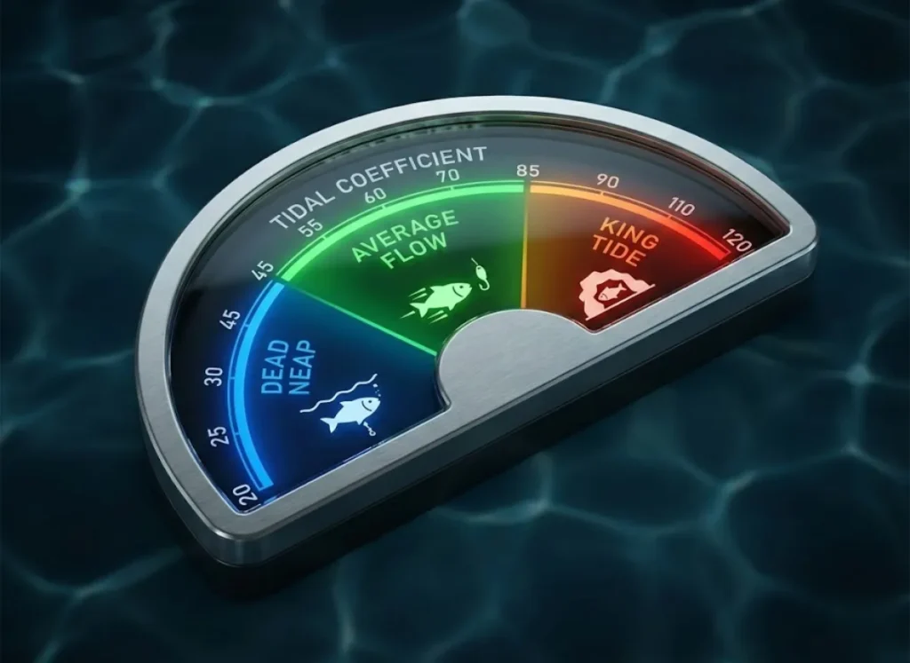 A high-definition semicircular gauge visualizing tidal coefficients from 20 to 120. The gauge is divided into color-coded zones: Blue for Dead Neap, Green for Average conditions, and Red for King Tides, with minimalist icons depicting corresponding fish behaviors in each sector.