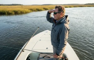 Tidal Currents & Predator Positioning: The Science Anglers Miss Angler reading tidal current seams at Georgia marsh creek mouth during golden hour