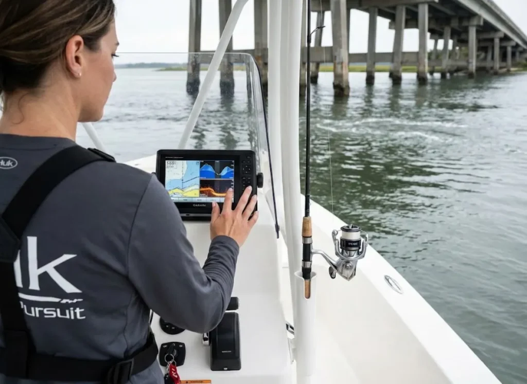 Female angler checking Garmin tide data on center console near bridge pilings in tidal current
