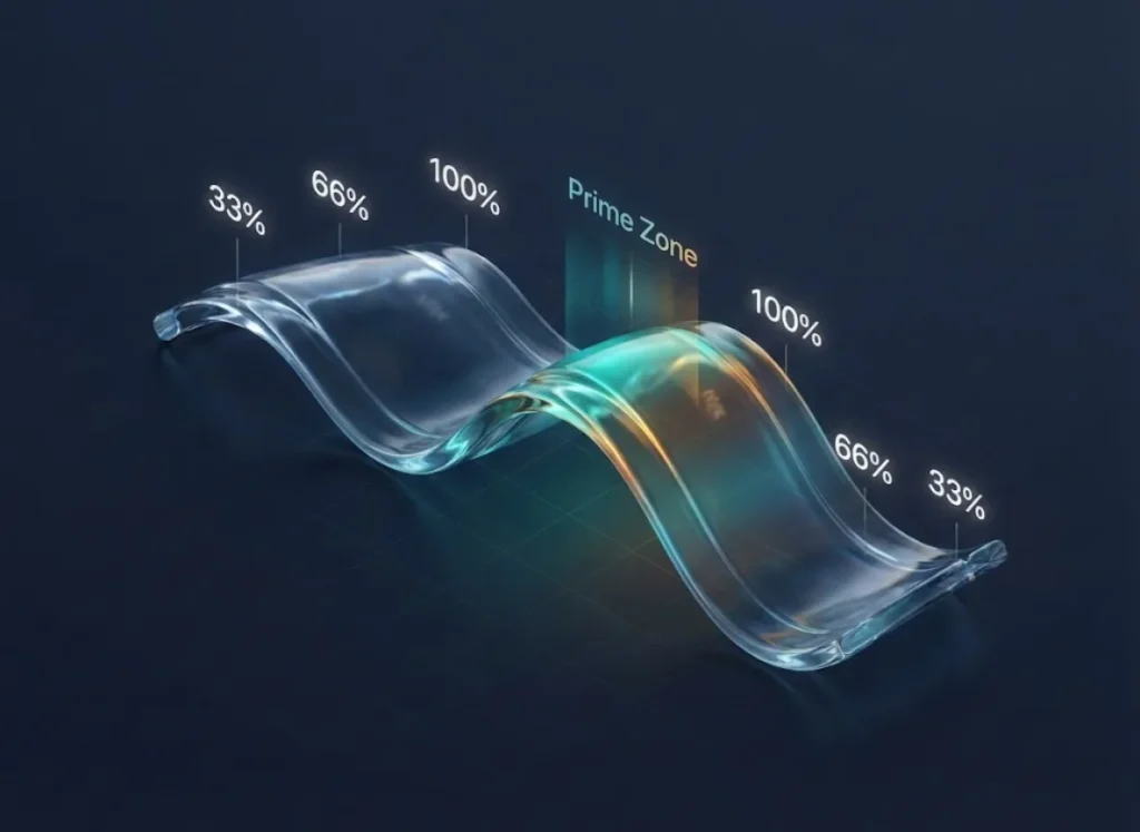 A 3D sinusoidal chart illustrating a 6-hour tide cycle, showing velocity percentages rising from 33% to 100% and falling back, with the peak hours highlighted as the Prime Zone.