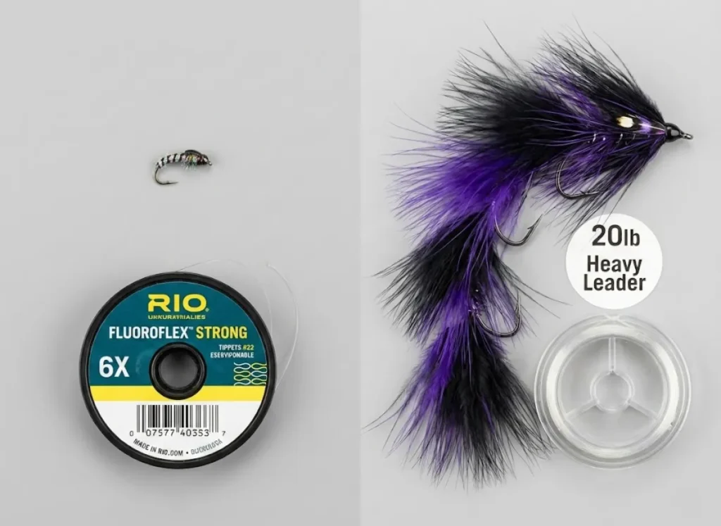 Macro comparison of fly fishing gear: a tiny size 22 midge with 6X tippet next to a large streamer fly with heavy leader, representing tailwater tactics.
