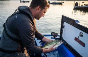 Tournament Fish Care Mistakes That Cost You Thousands Tournament angler carefully placing largemouth bass into aerated livewell while checking water temperature