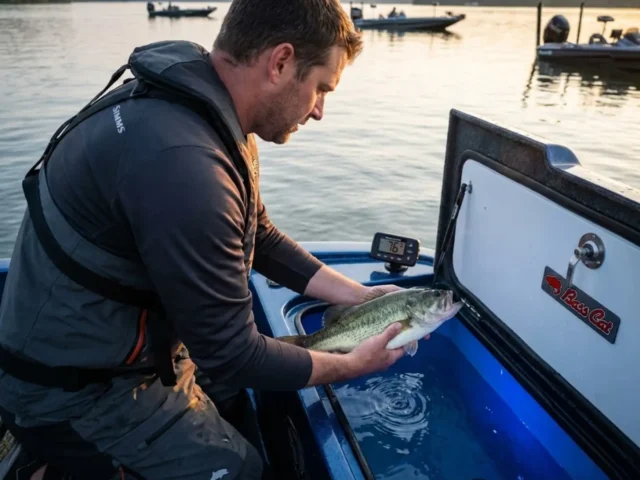 tournament-fish-care-livewell-bass Tournament angler carefully placing largemouth bass into aerated livewell while checking water temperature
