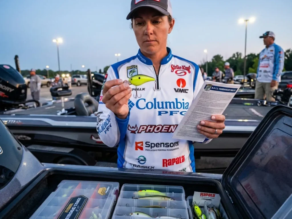 Tournament bass angler checking inline single hook lure conversions for competition rule compliance