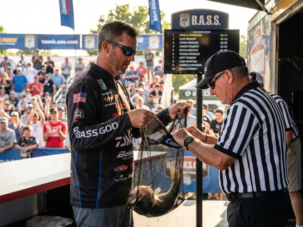 Tournament angler at Bassmaster weigh-in stage with officials checking fish before weighing