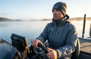 Track the Pre-Spawn Bass Transition Routes Professional angler in a Simms jacket scanning a misty lake at sunrise from a bass boat, representing the search for pre-spawn transition routes.