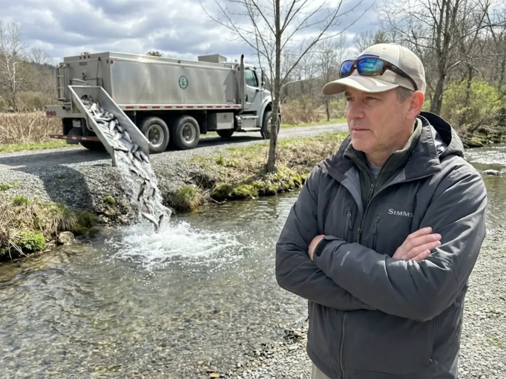 Angler observing rainbow trout stocking event to understand acclimation timing