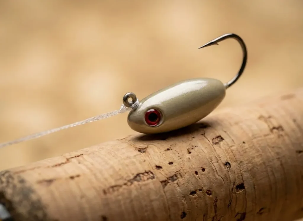 Macro photography of a tungsten ice jig tied to nanobraid line resting on a premium cork rod handle.