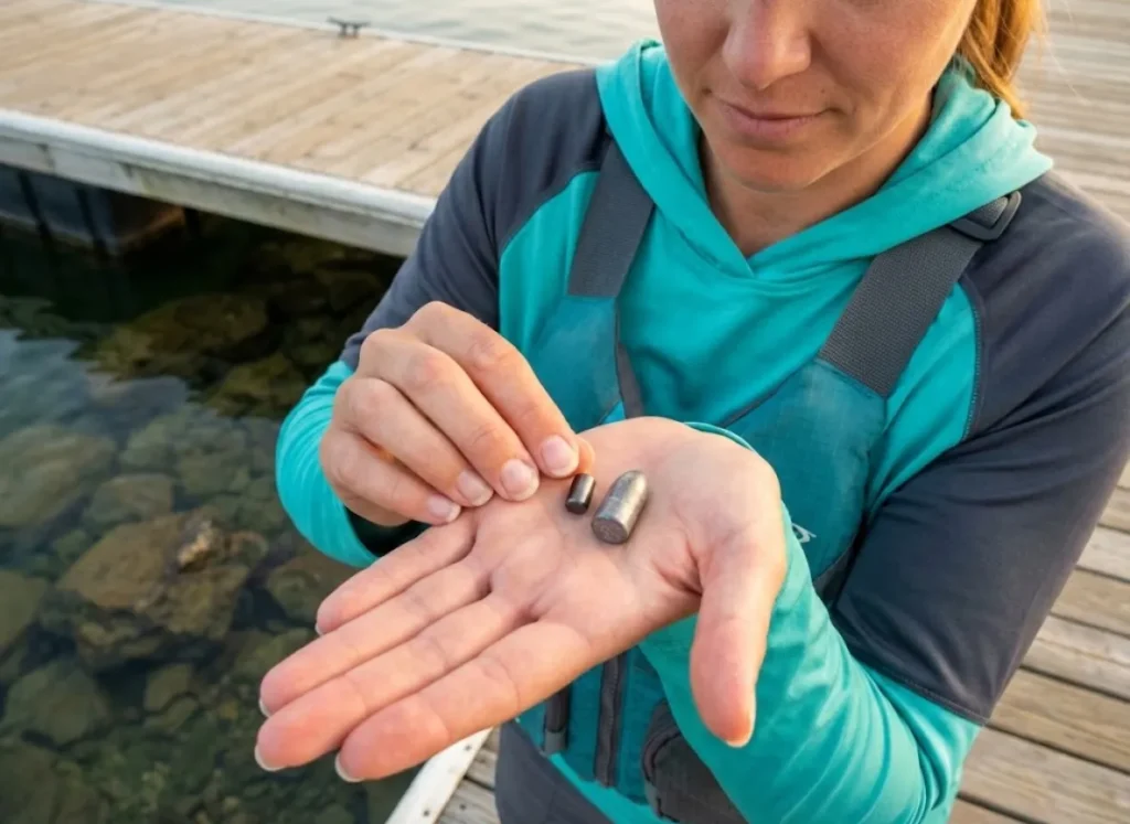 Angler comparing tungsten vs lead fishing weights showing the size difference