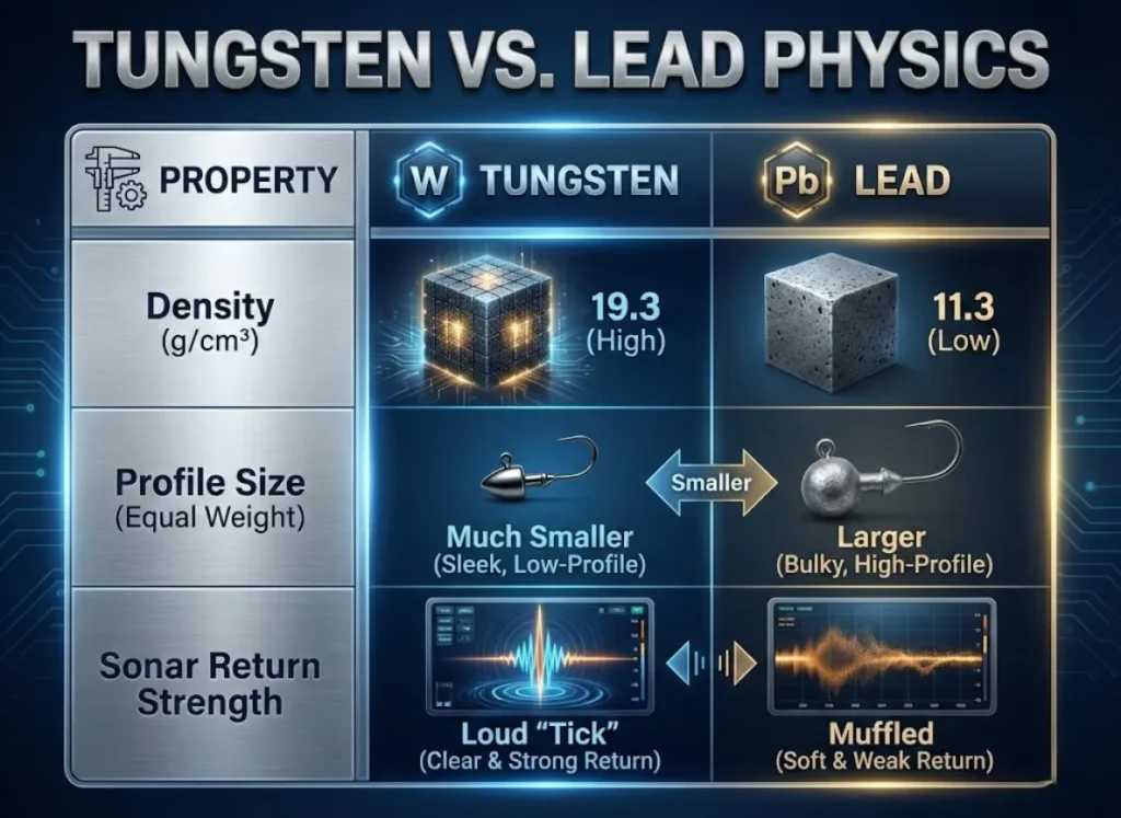 A comparison table titled 'Tungsten vs. Lead Physics' showing three rows: Density (19.3 vs 11.3 g/cm³), Profile Size (a small tungsten weight next to a larger lead weight), and Sonar Return Strength (a sharp 'tick' sonar wave for tungsten versus a soft, muffled wave for lead).