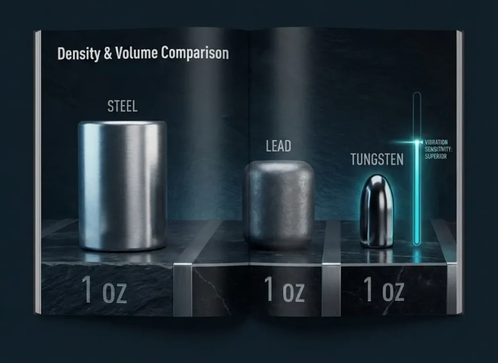 A side-by-side visual density comparison infographic showing the dramatic size differences between 1oz weights made of Steel, Lead, and Tungsten. The Tungsten weight is significantly smaller and more compact than the others, despite having the same mass.