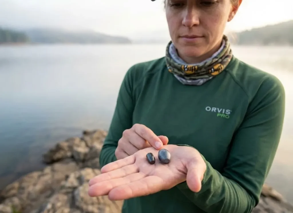 Angler comparing tungsten and lead Carolina Rig weights showing size difference