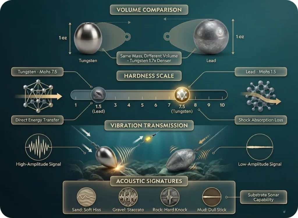 Scientific comparison infographic showing tungsten and lead fishing weights at identical mass, illustrating volume difference, Mohs hardness ratings, vibration transmission properties, and acoustic signature waveforms for different substrates.