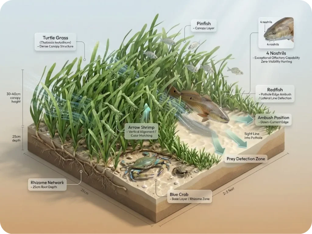Cross-section diagram of turtle grass (Thalassia testudinum) ecosystem showing blade structure, 25cm root depth, prey species positioning (blue crab at base, arrow shrimp among blades, pinfish in canopy), and redfish silhouette at pothole edge demonstrating ambush behavior.