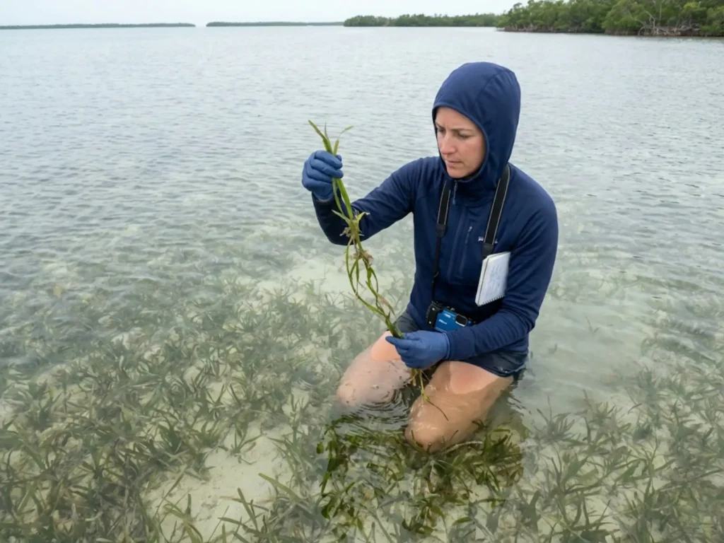 Marine biologist examining turtle grass structure in shallow Florida Keys grass flat